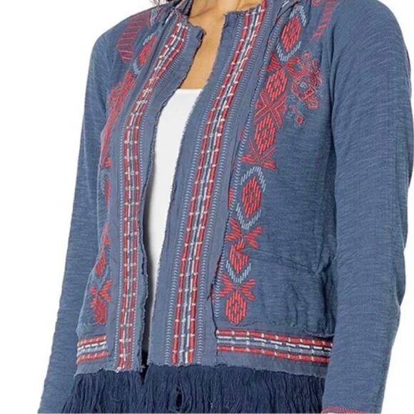 Johnny Was Yatzil Fringe Jacket Blue Red Embroidery Sz Small Boho Western Hippie - Picture 2 of 10